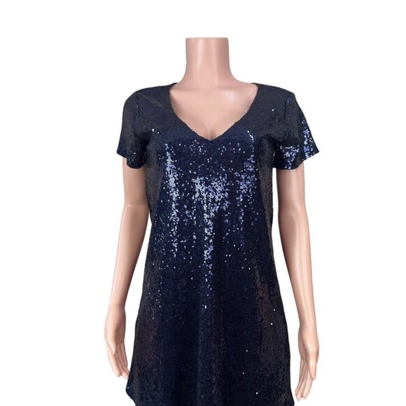 Lulus Navy Blue Sequin Short Sleeve V-Neck Shift Dress Women SZ XS - Picture 10 of 15